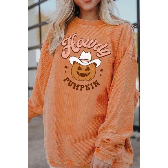 Azura Exchange Orange Howdy Pumpkin Halloween Graphic Corded Sweatshirt - Picture 2 of 8